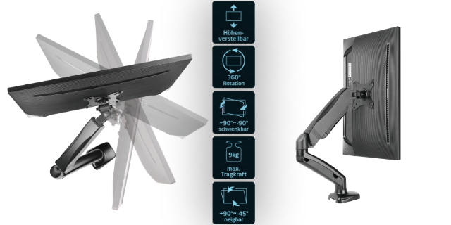 Monitor arm, with illustrations of how to adjust the monitor, its rotation, and weight capacity.
