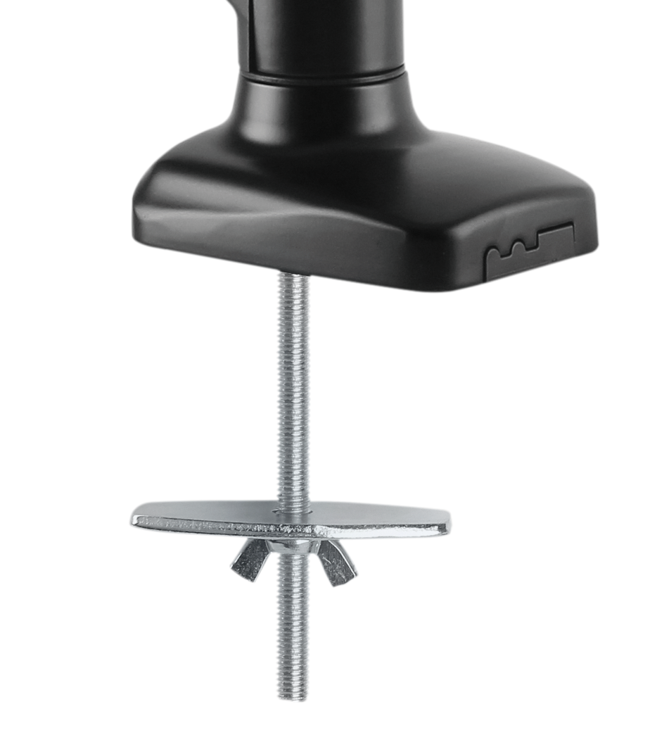 A close-up of a monitor arm mounting hardware, including a screw and wing nuts.