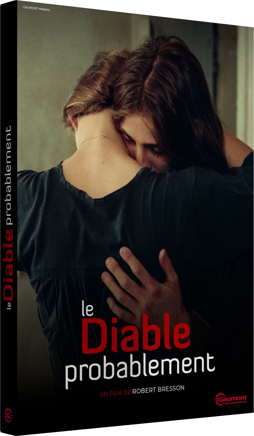 Filmposter van Le Diable Probablement, met een vrouw die een ander omhelst, met tekst.