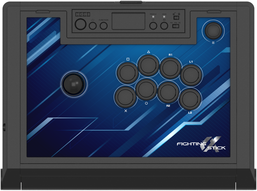 Gaming-Controller mit Knöpfen und einem Joystick. Der Controller ist blau und schwarz mit weißem Text oben.