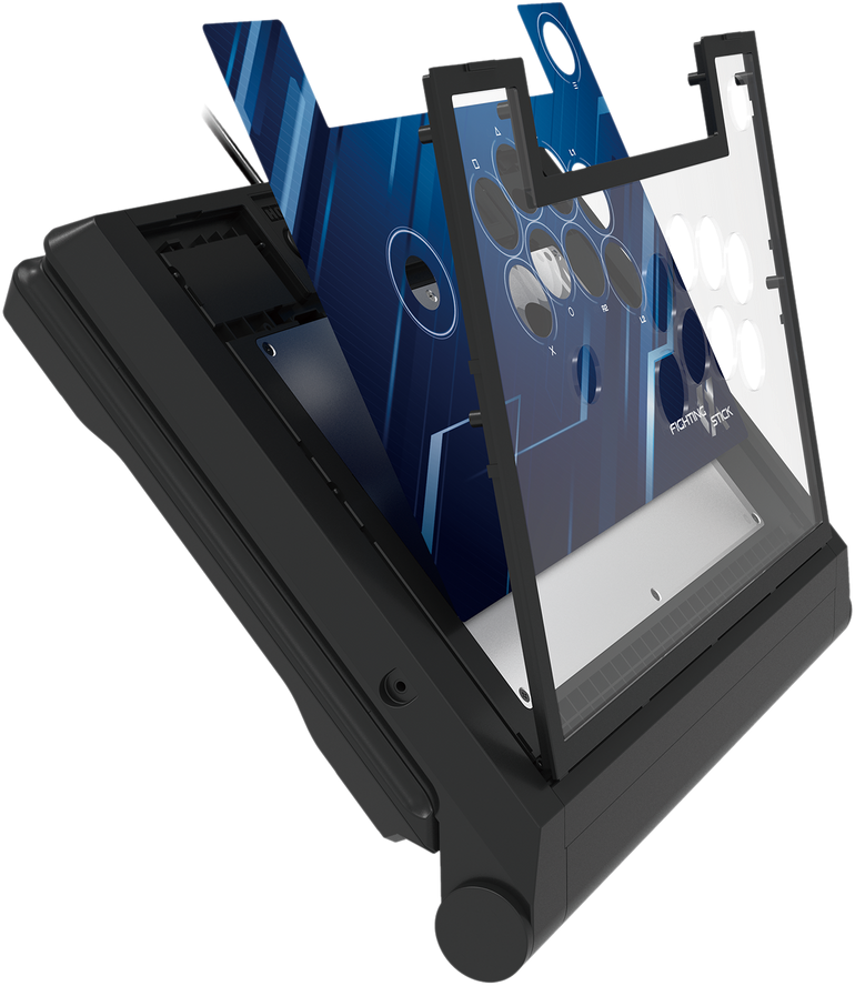 Zerlegter Arcade-Stick, der interne Komponenten und eine Grafiktafel zeigt.