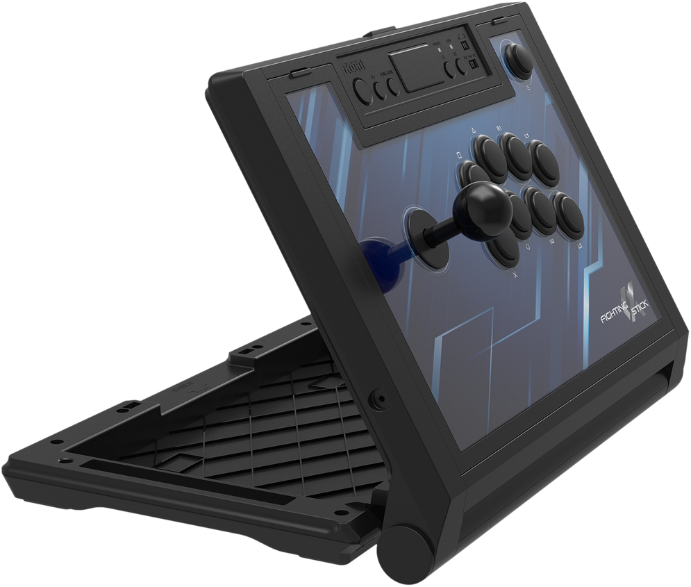 Schwarzer Fighting Stick mit Knöpfen, Joystick und offenem Fach. Blaue Akzente.