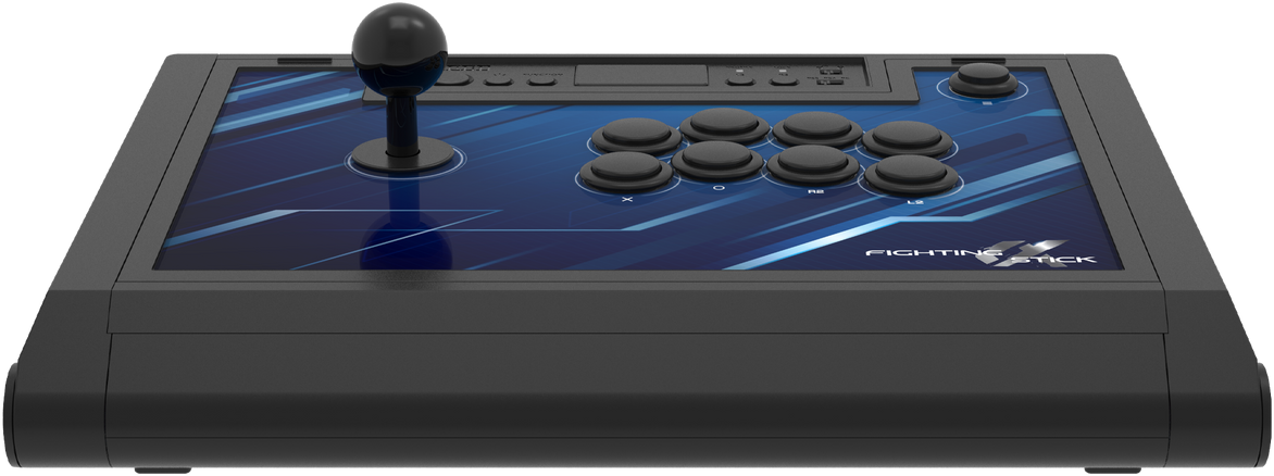 Ein schwarzer Fighting-Stick-Controller mit Knöpfen, Joystick und blauem Farbverlauf.
