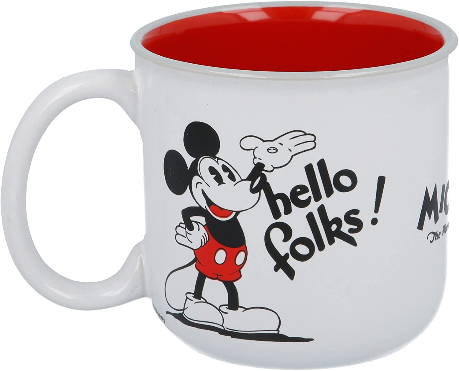 Mickey egér bögre a 'hello folks!' szöveggel. Piros belső.