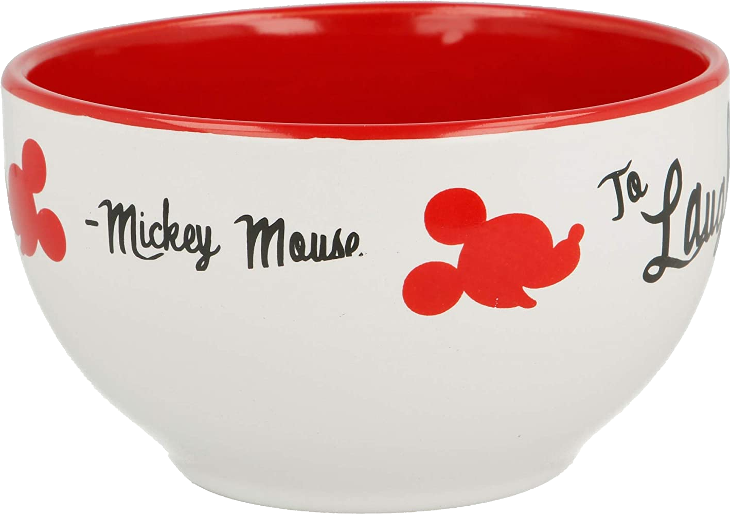 Fehér tál piros belsővel. Mickey Mouse és logója szöveggel az oldalára nyomtatva. A tál izolált.