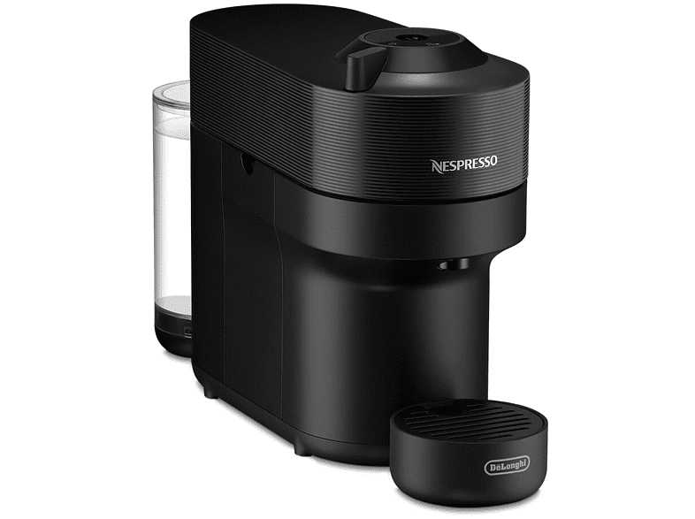 Fekete Nespresso Vertuo Next kávéfőző, oldalsó nézet, a Delonghi logóval az alján.