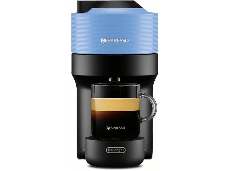 Egy Nespresso kávéfőző egy csésze kávéval egy fekete talpon.