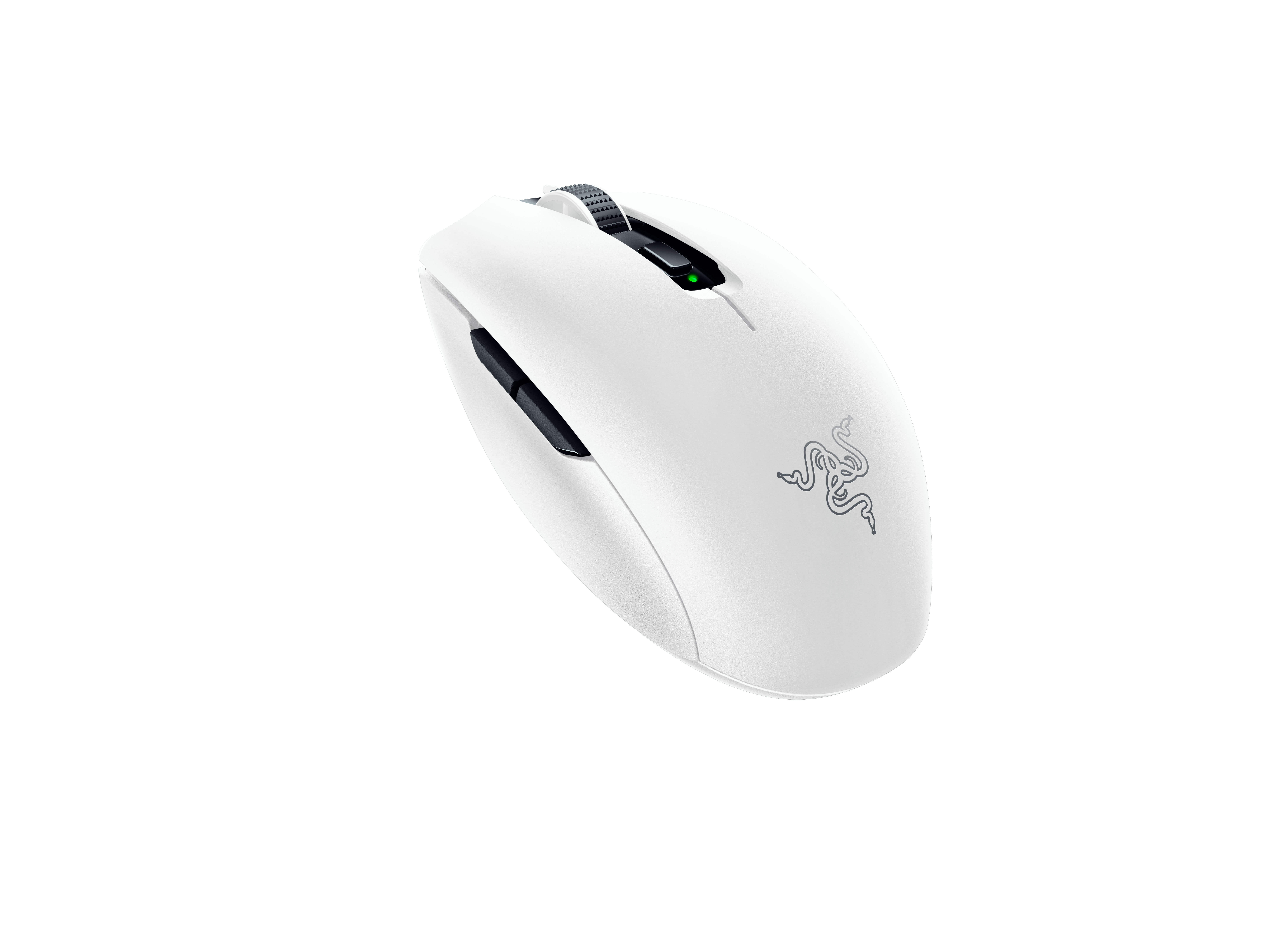 Siyah kaydırma tekerleği ve Razer logosu bulunan beyaz Razer oyun faresi. Beyaz zemin.