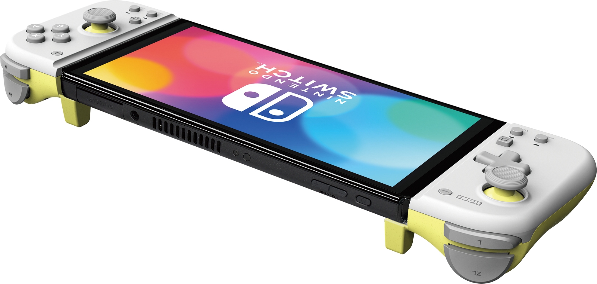 Console Nintendo Switch avec manettes jaunes et blanches. L'écran affiche un jeu.