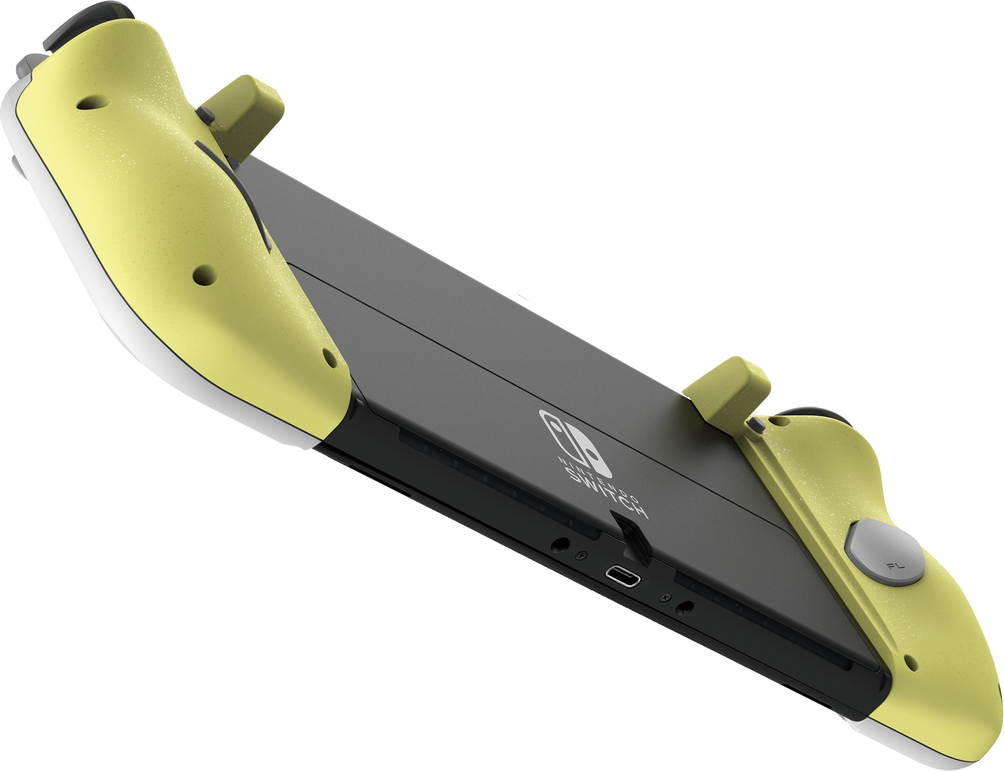 Console Nintendo Switch, manettes jaunes, vue latérale de l'écran noir.