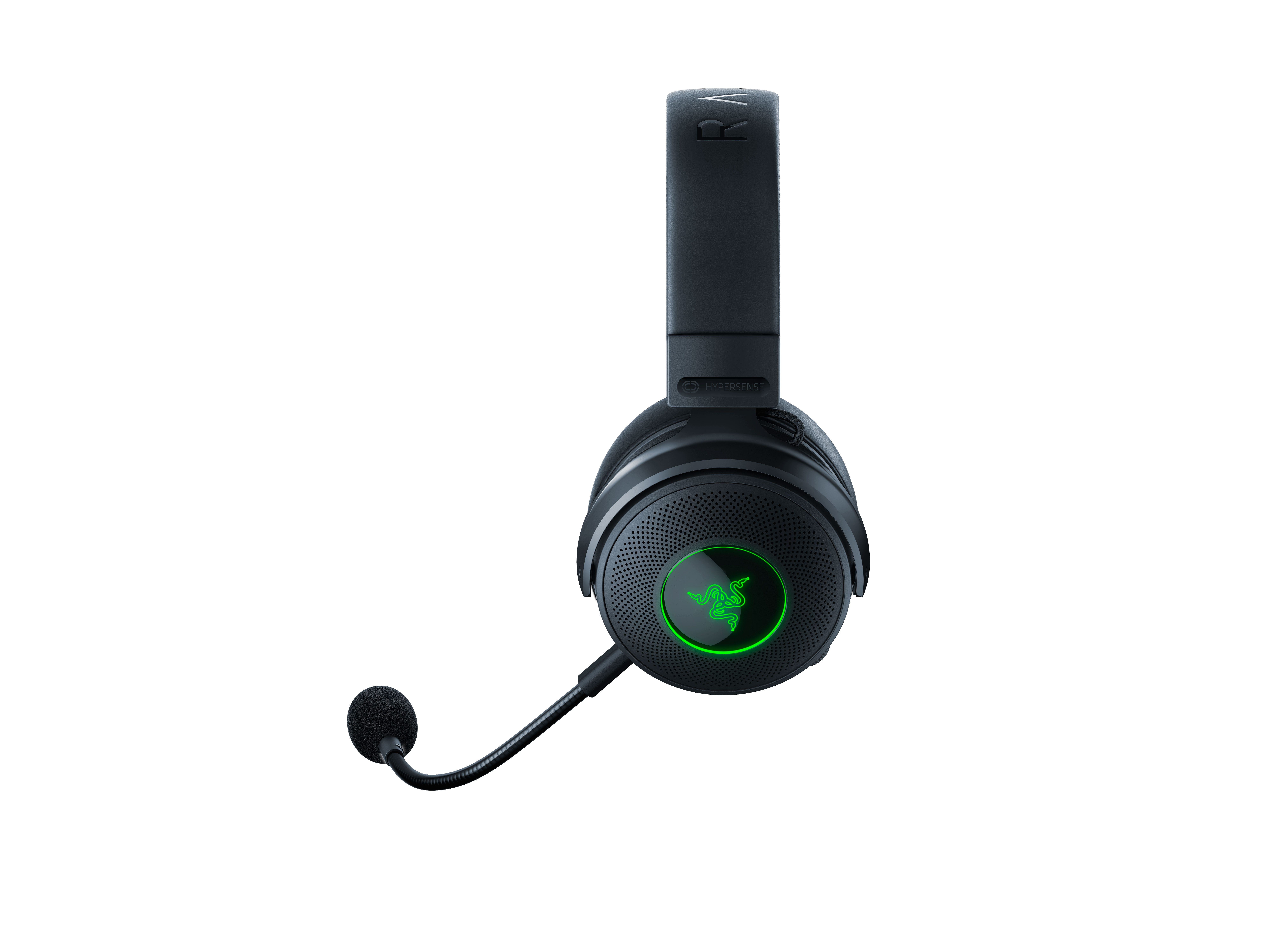 Mikrofonlu siyah Razer oyuncu kulaklığı. Yeşil Razer logosu görünüyor.