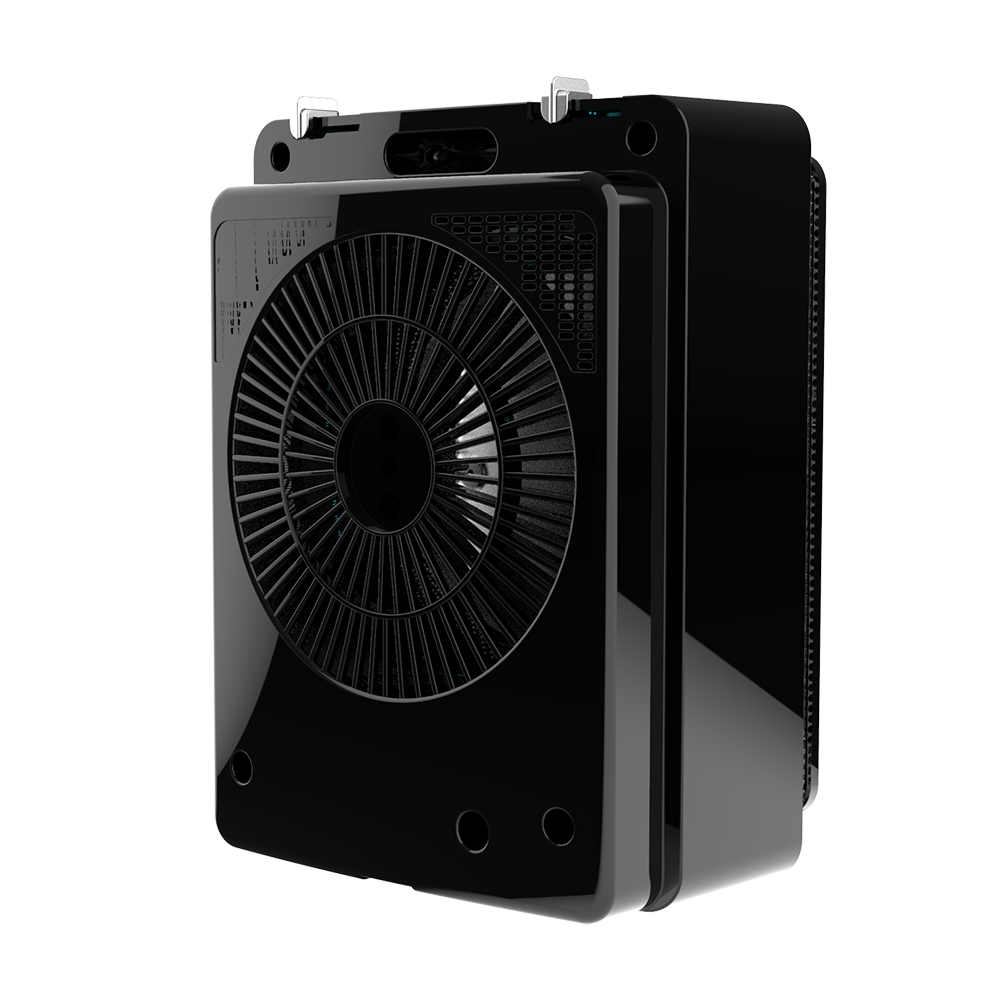 Un dispositivo electrónico negro y brillante con un ventilador en la parte delantera. El dispositivo tiene forma rectangular y diseño interno complejo.