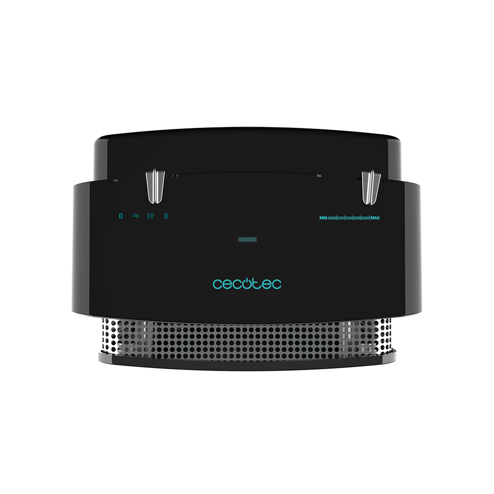 Purificador de aire negro con detalles plateados, logo Cecotec y panel de control.
