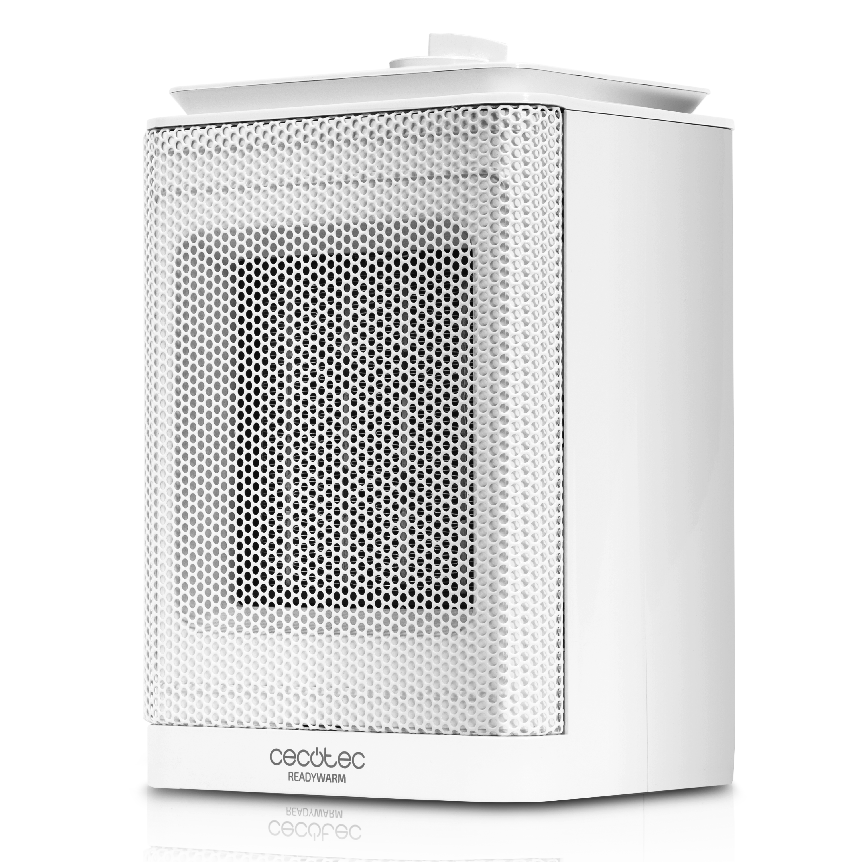 Un calefactor Cecotec ReadyWarm blanco con rejilla frontal y controles superiores.