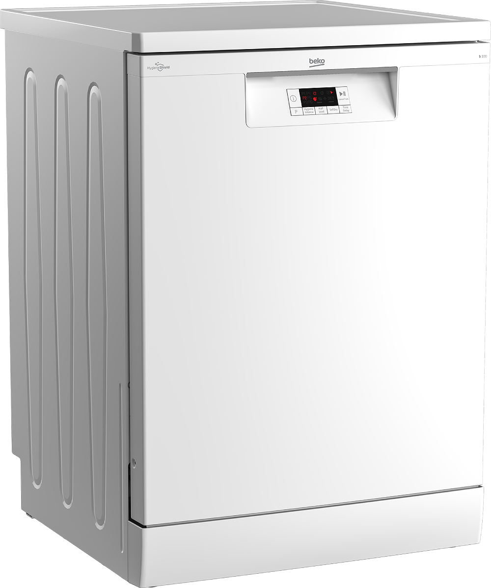 Un lavavajillas Beko blanco. Tiene un panel de control con pantalla y botones. El panel lateral tiene crestas verticales.