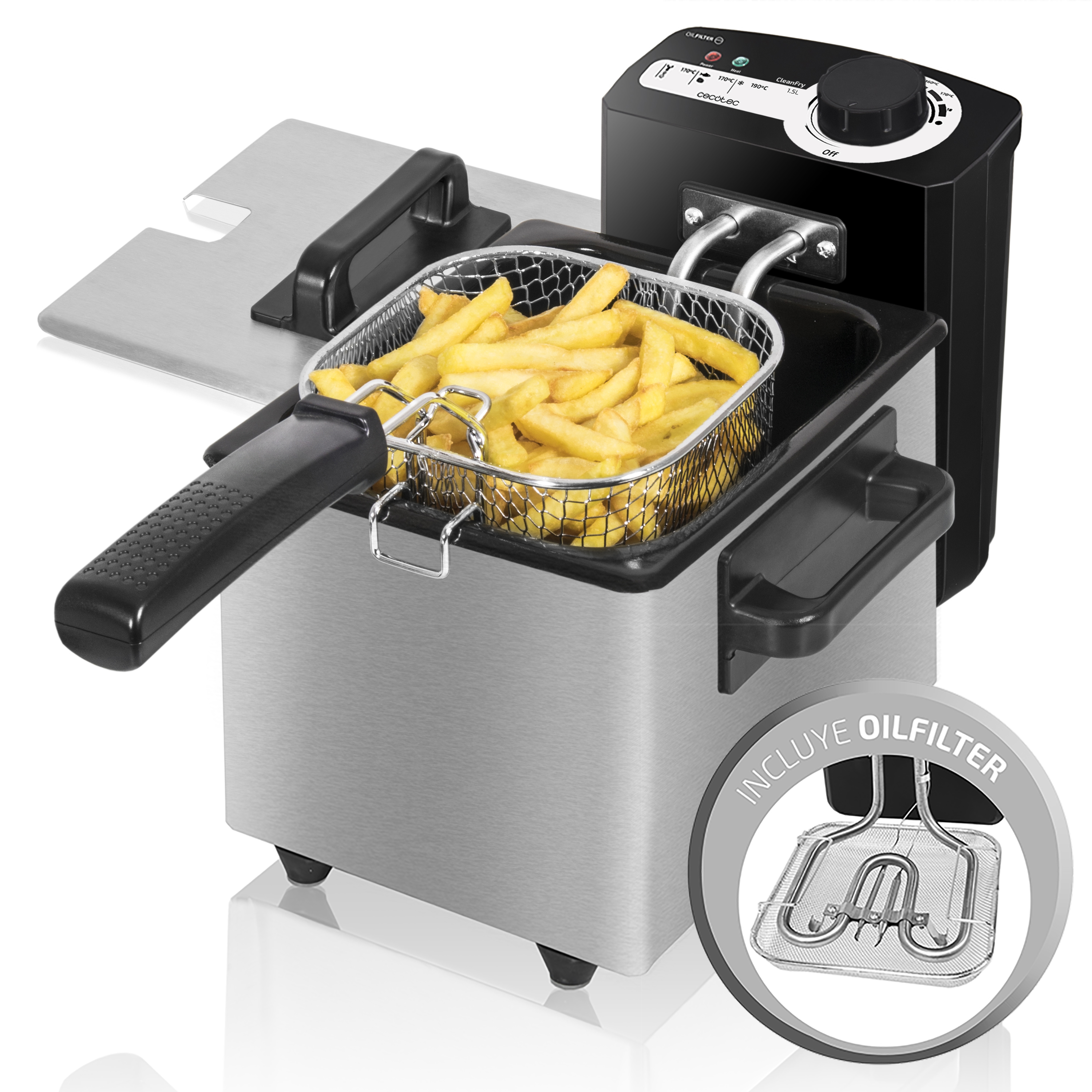 Freidora con papas fritas en la cesta y un filtro de aceite en primer plano.
