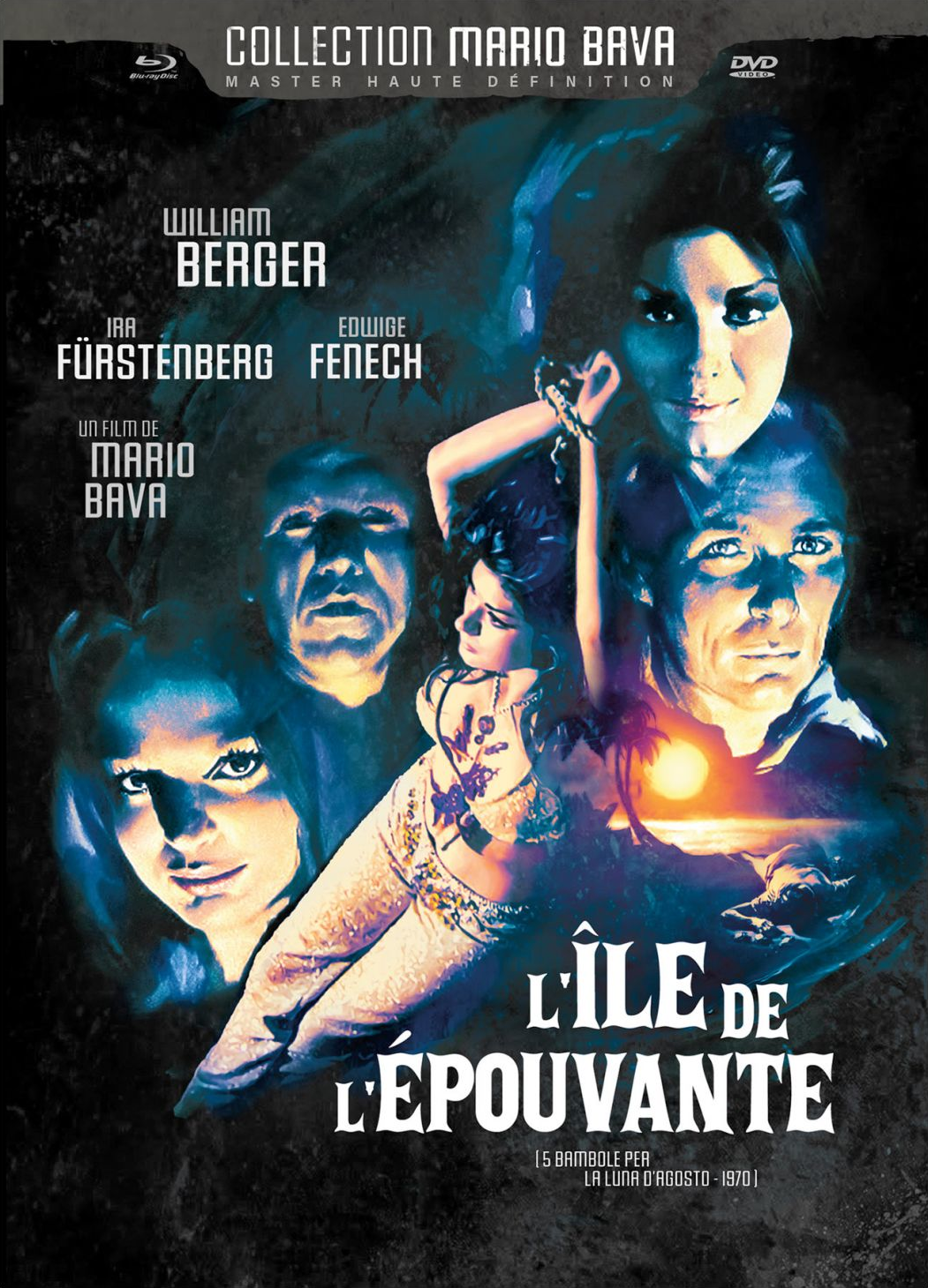 Filmposter: L'Île de l'Épouvante met meerdere gezichten en een vrouw in het midden.