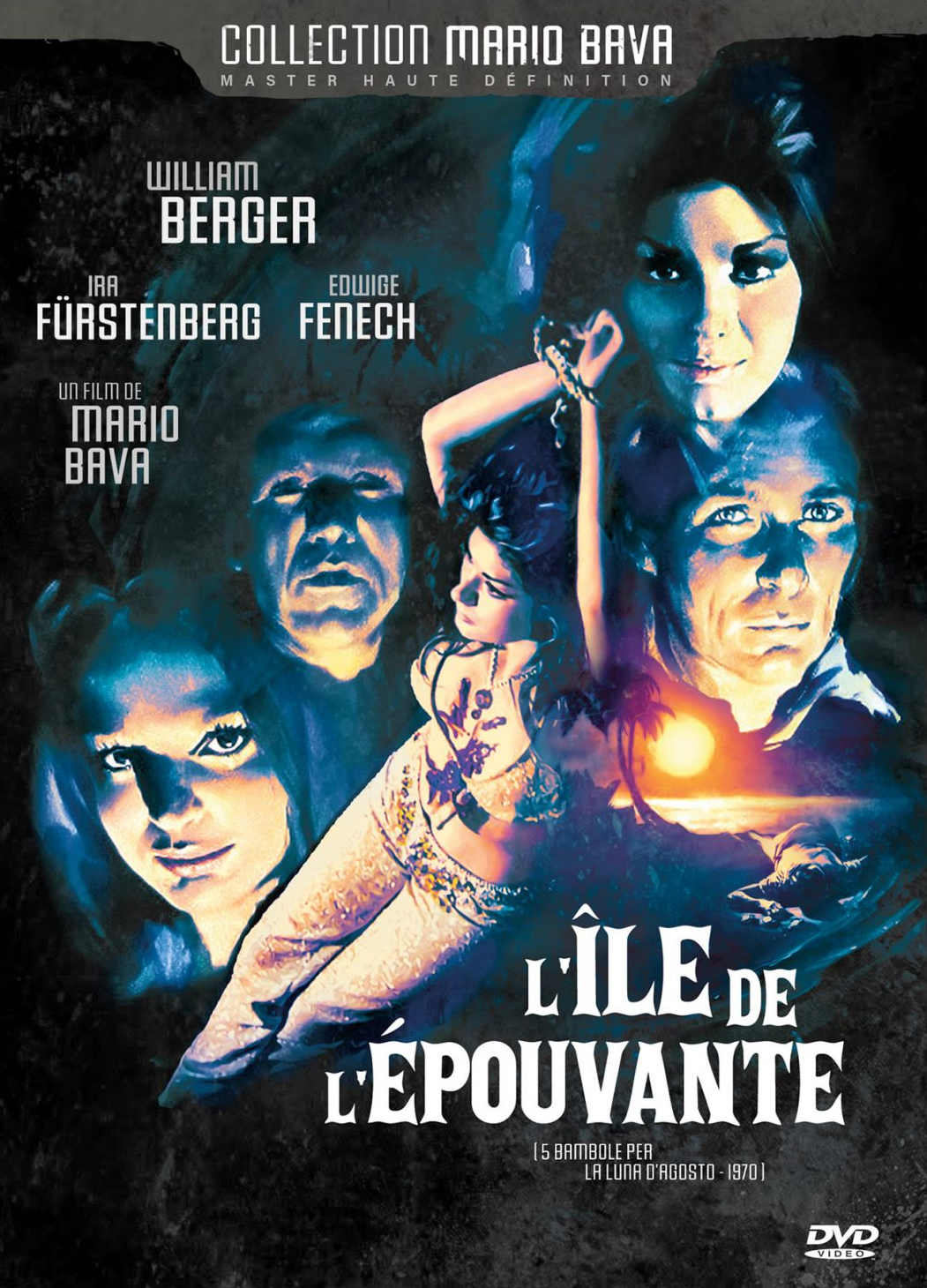 Filmposter: gezichten, een vrouw vastgehouden en tekst 'L'Île de l'Épouvante'.