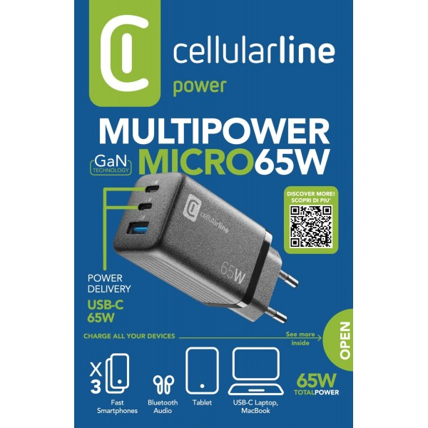 Cargador Cellularline MultiPower 65W con 3 puertos USB-C. Incluye texto e iconos para carga rápida.