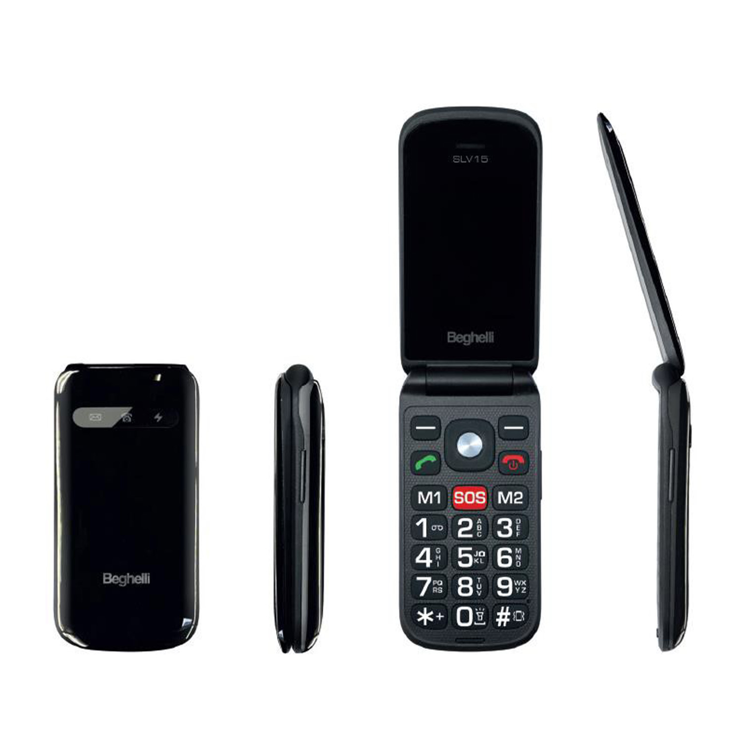 Un telefono a conchiglia Beghelli, nero. Il telefono è aperto e mostrato da più angolazioni.