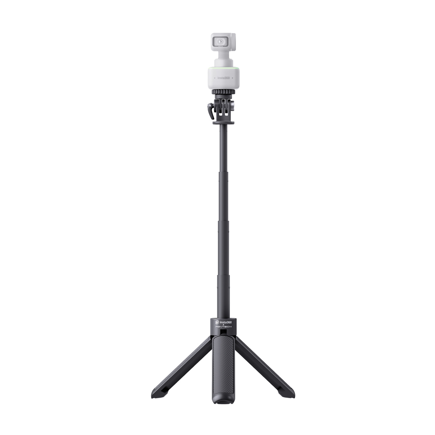 Treppiede nero con una fotocamera sopra, esteso. Sfondo bianco. Logo Insta360.