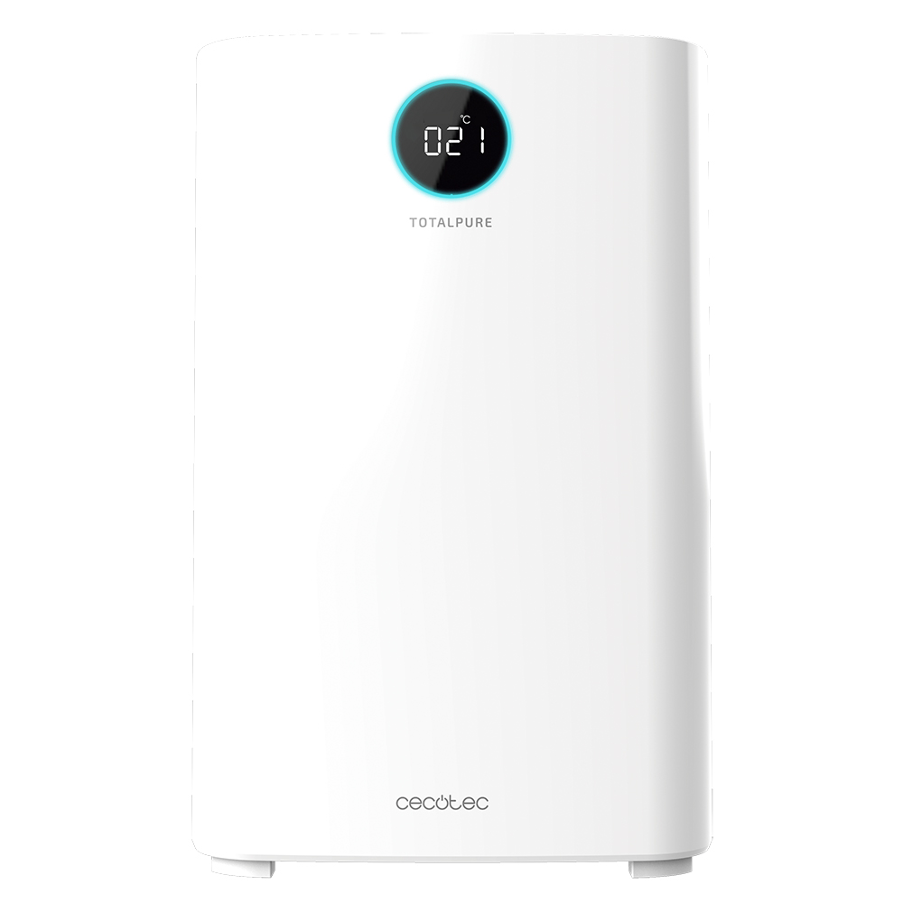 Purificador de aire blanco con pantalla digital que muestra una temperatura de 21 grados.