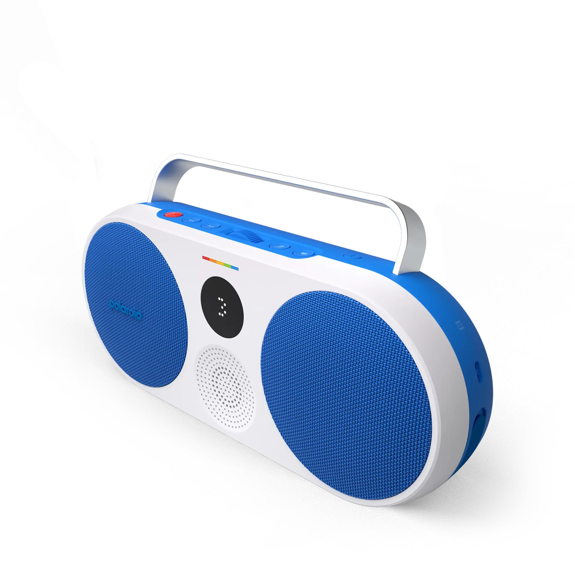 Blau-weißer tragbarer Lautsprecher. Blaue Lautsprechergitter und weißer Griff.
