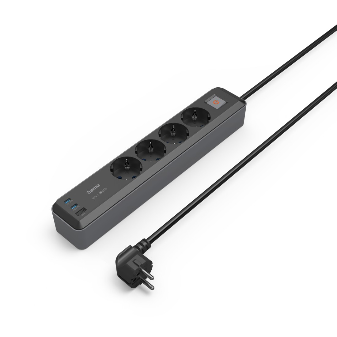 Graue Steckdosenleiste mit vier Steckdosen, Ein/Aus-Taste und schwarzem Kabel mit Stecker.