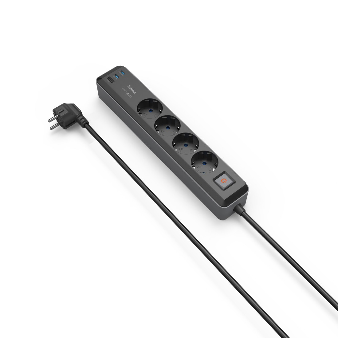 Schwarze Steckdosenleiste mit vier Steckdosen, einem Netzschalter und einem Stecker.