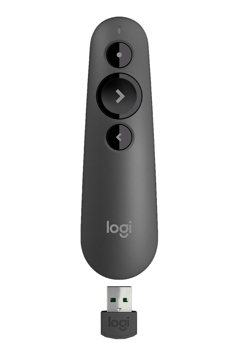 Ein dunkelgrauer Logitech-Präsentator mit einem USB-Empfänger. Der Hintergrund ist schwarz.