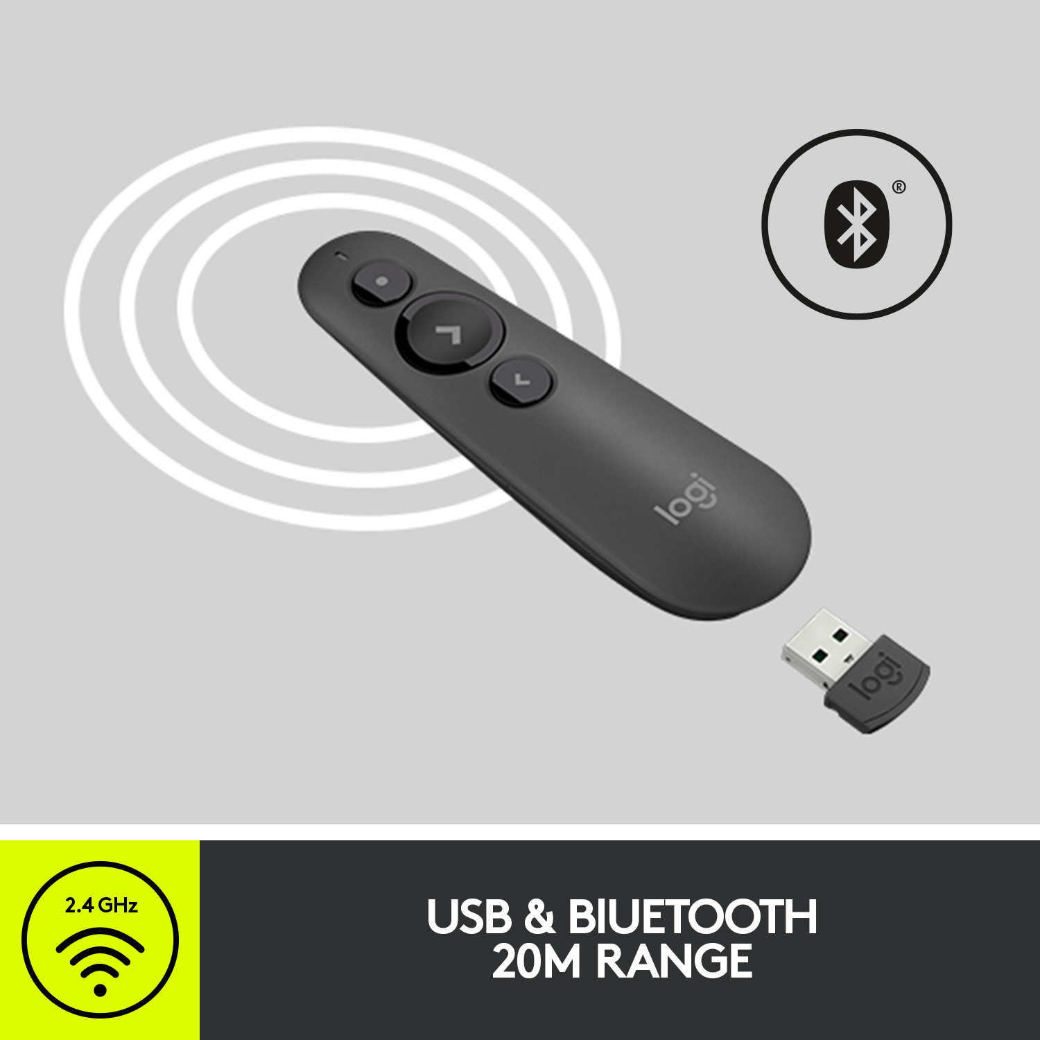 Schwarze Logitech Präsentationsfernbedienung und USB-Empfänger, Symbole für 2,4 GHz und Bluetooth.