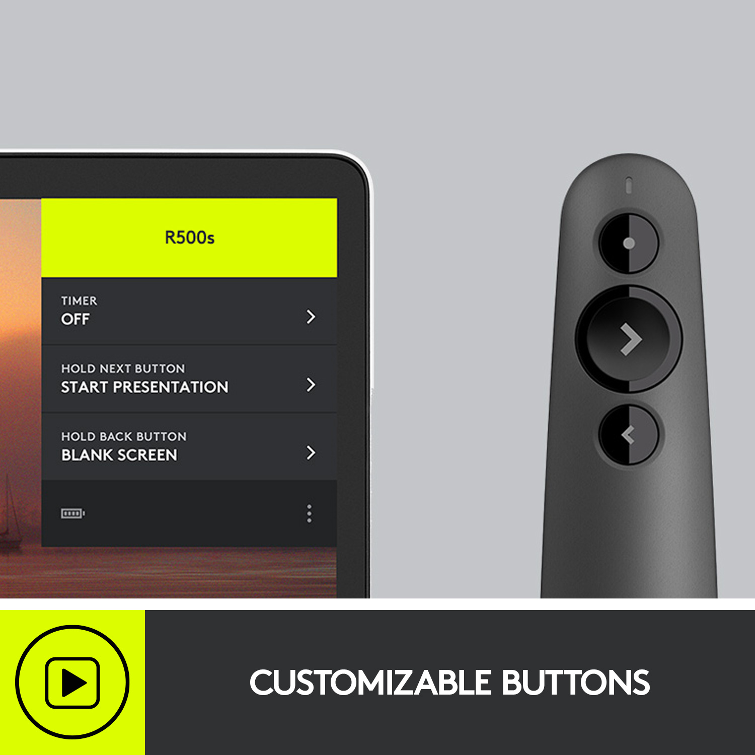 Präsentationsfernbedienung und Tablet mit Optionen für Timer und leeren Bildschirm.