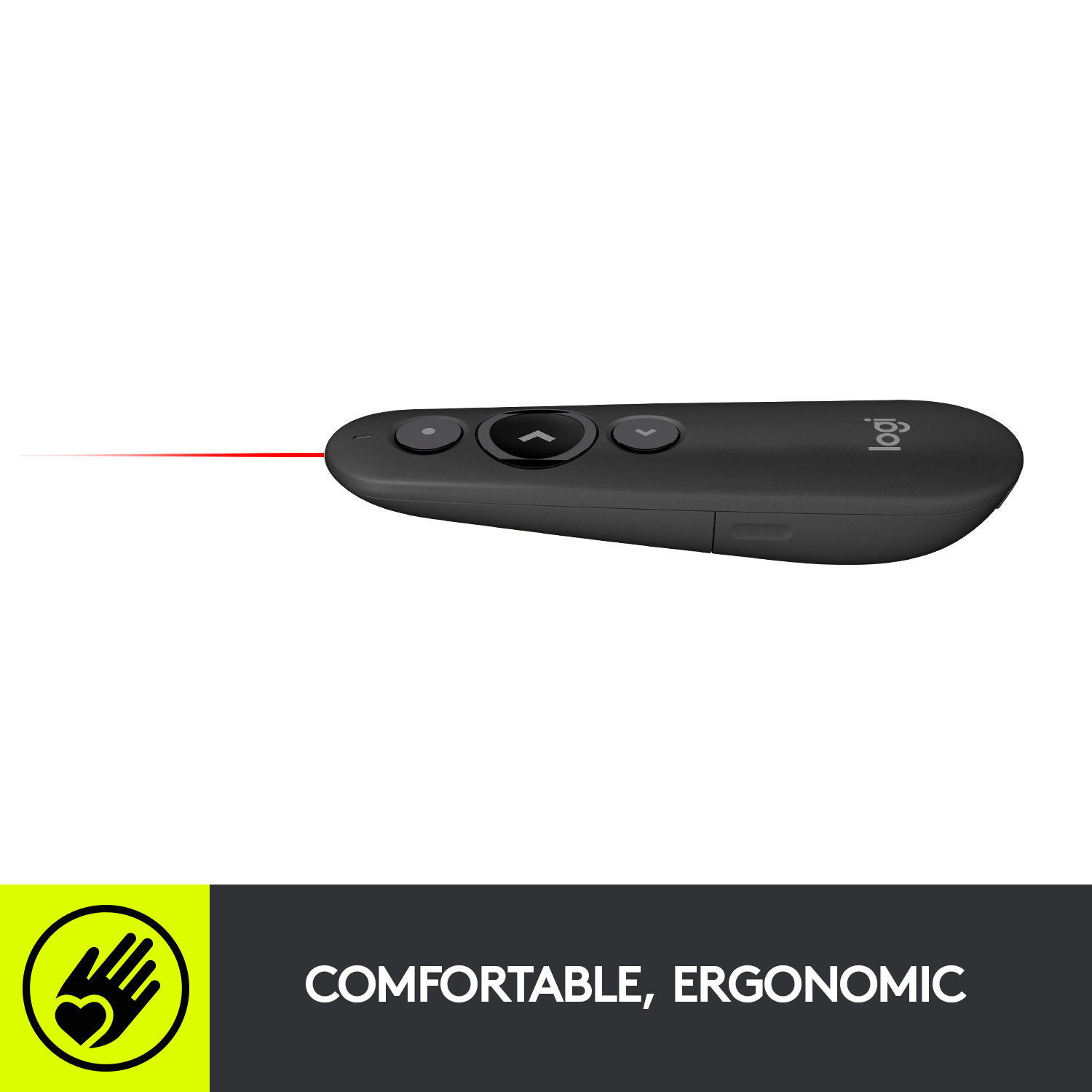 Schwarzer Logitech-Präsentations-Controller mit rotem Laserpointer und ergonomischem Design, Hand-Symbol unten.
