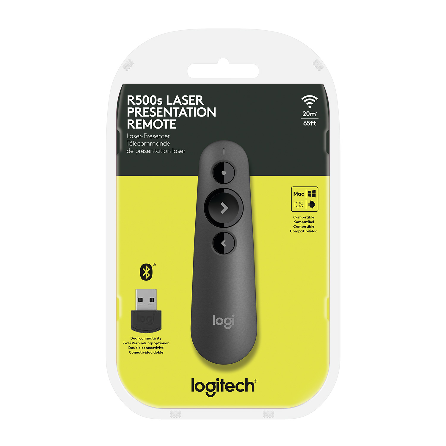 Logitech R500s Laser-Präsentationsfernbedienung in Verpackung. Schwarze Fernbedienung, silberner USB-Dongle und Kompatibilitäts-Symbole.