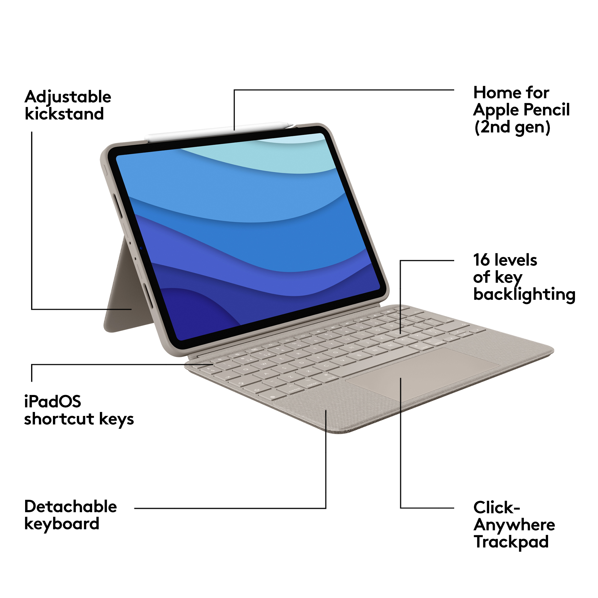 iPad con custodia tastiera. È di colore grigio chiaro. La tastiera è collegata. Lo schermo mostra un'immagine blu.
