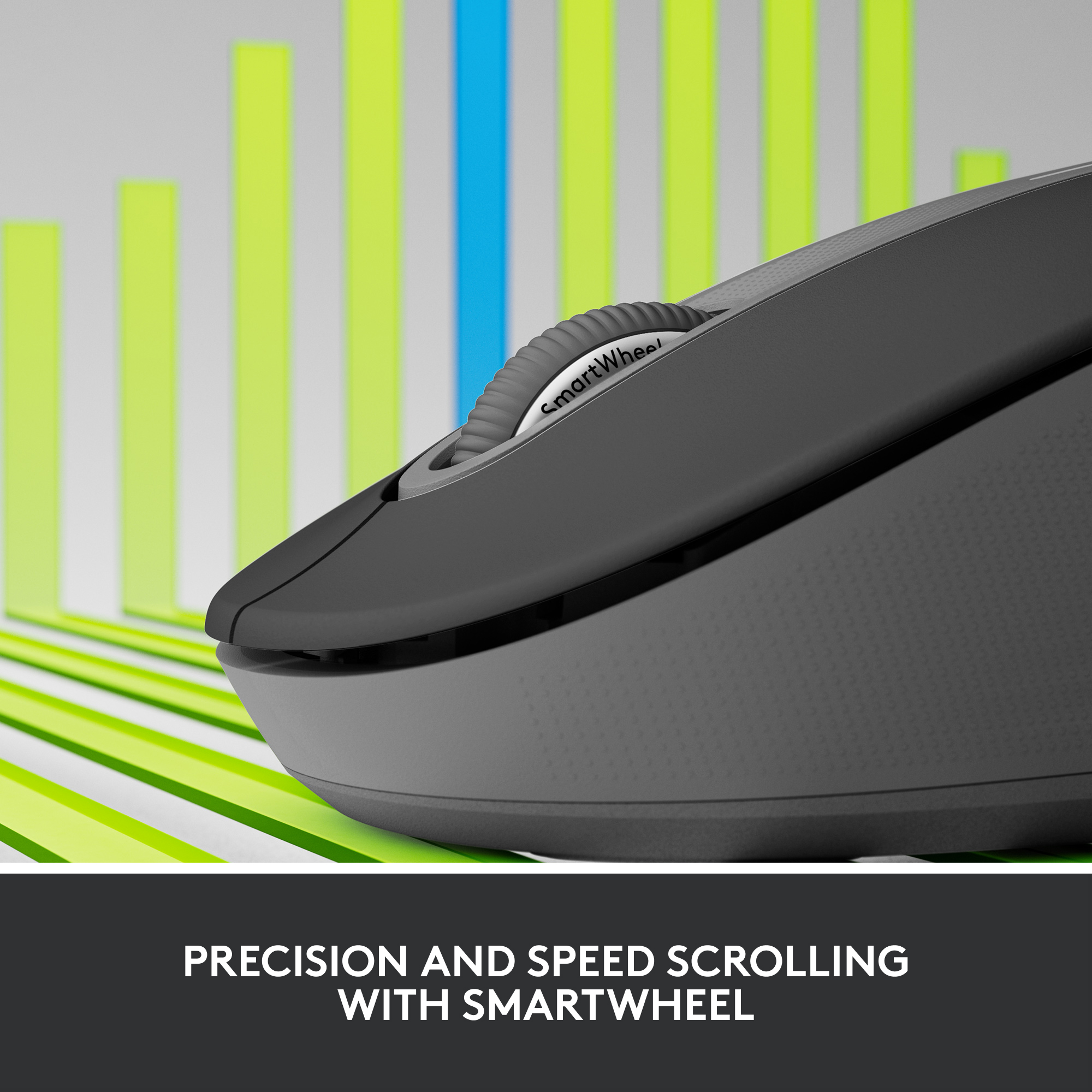 Gros plan d'une souris grise avec SmartWheel, sur fond de graphiques.