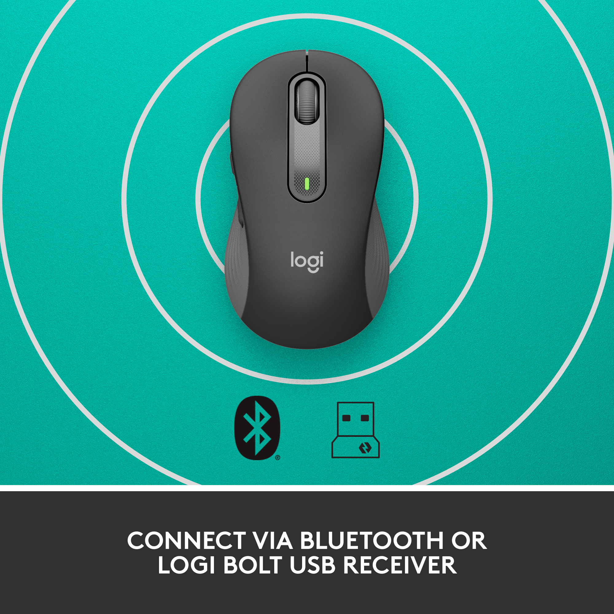 Une souris noire avec des icônes Bluetooth et récepteur USB. Texte : Connectez-vous via Bluetooth.