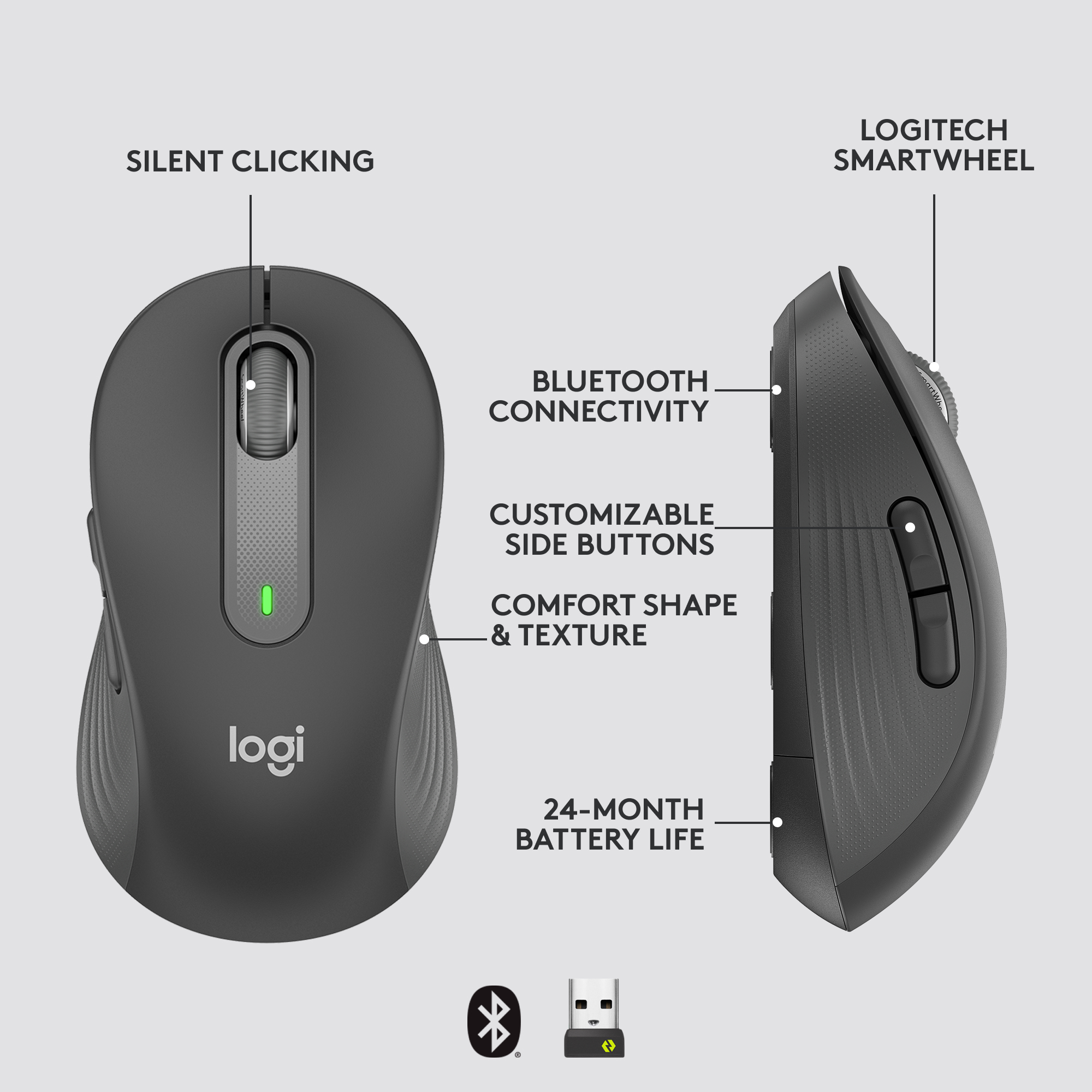 Une souris grise avec des étiquettes : clic silencieux, Bluetooth et Logitech Smartwheel.