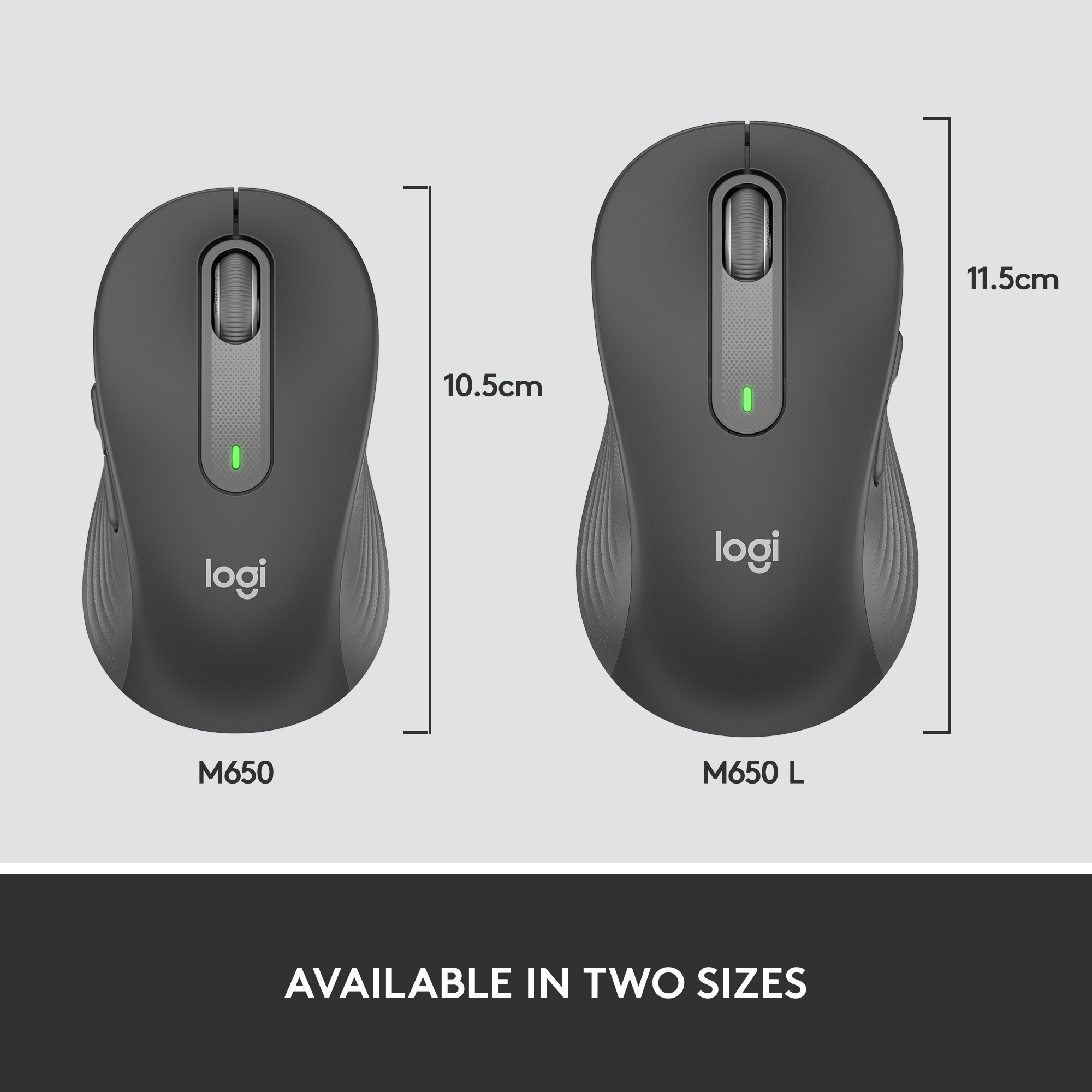 Deux souris d'ordinateur noires, une plus petite que l'autre, avec des mesures et le mot 'logi' visible sur les deux.