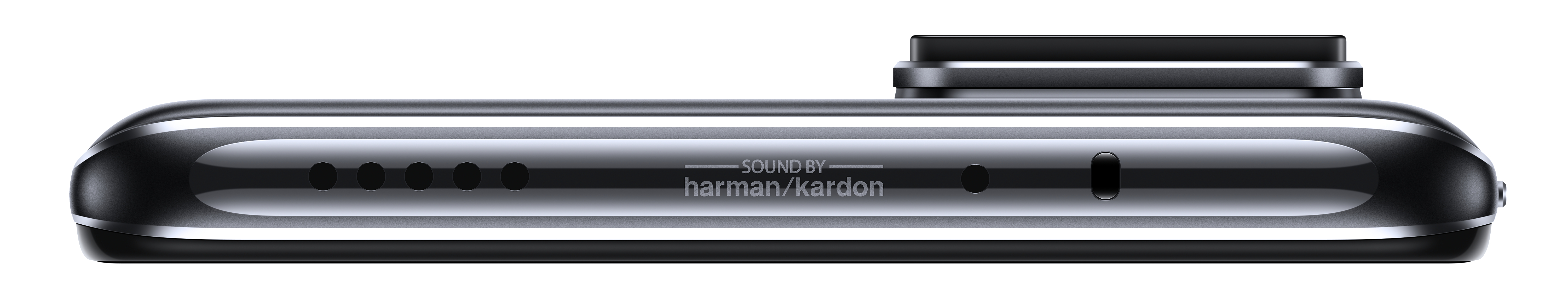 Unteransicht eines schwarzen Smartphones mit dem Text „SOUND BY harman/kardon“ und Anschlüssen.