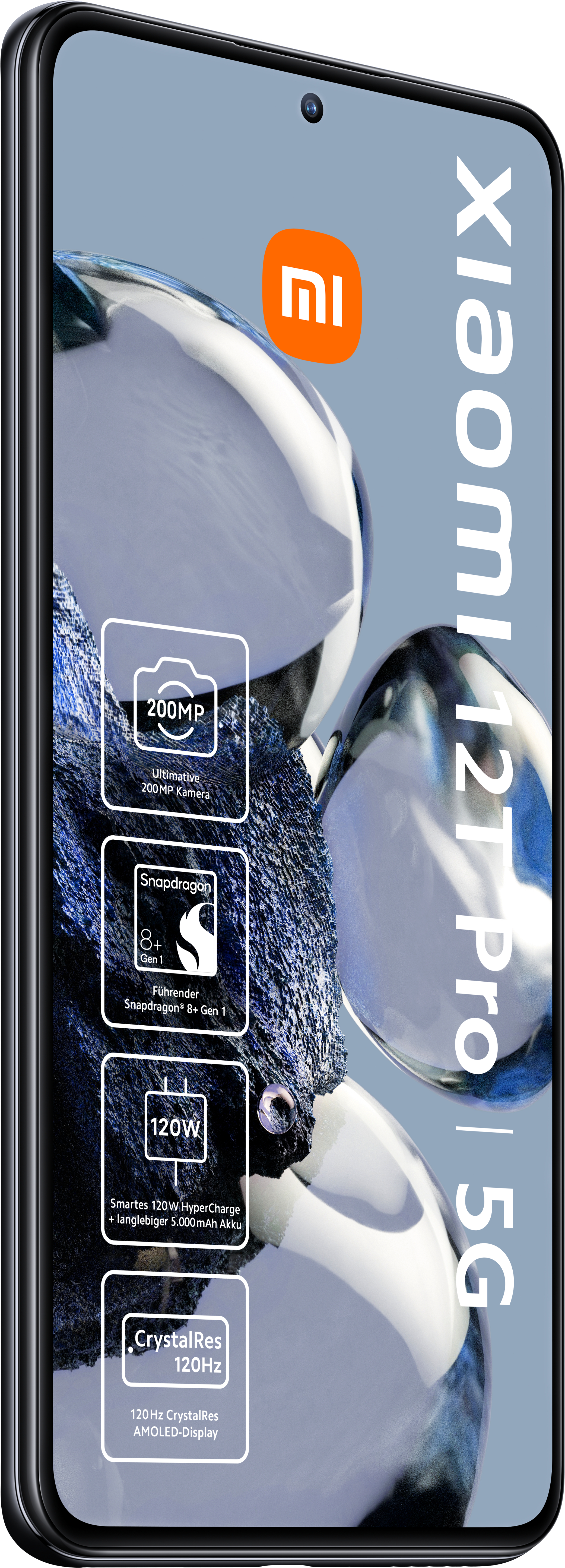 Xiaomi 12T Pro 5G Smartphone, Details zu Kamera- und Ladefunktionen werden angezeigt.