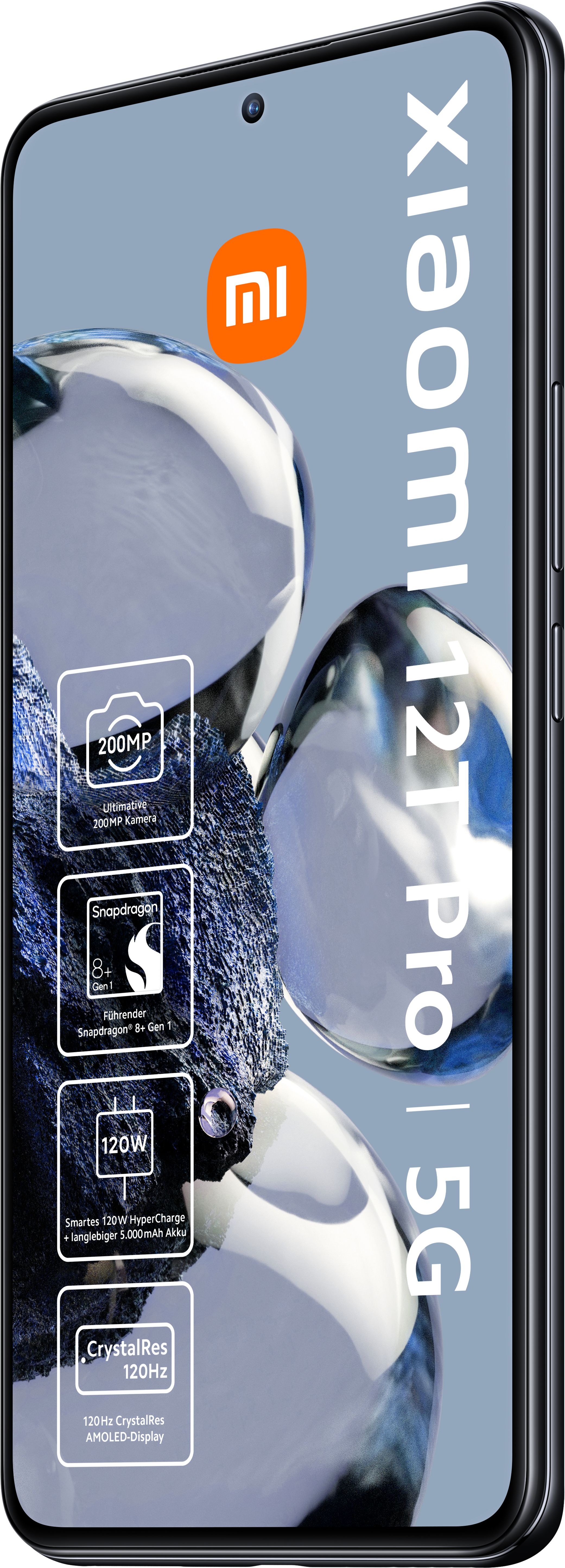 Ein schwarzes Smartphone mit großem Bildschirm, mit Symbolen und Text.