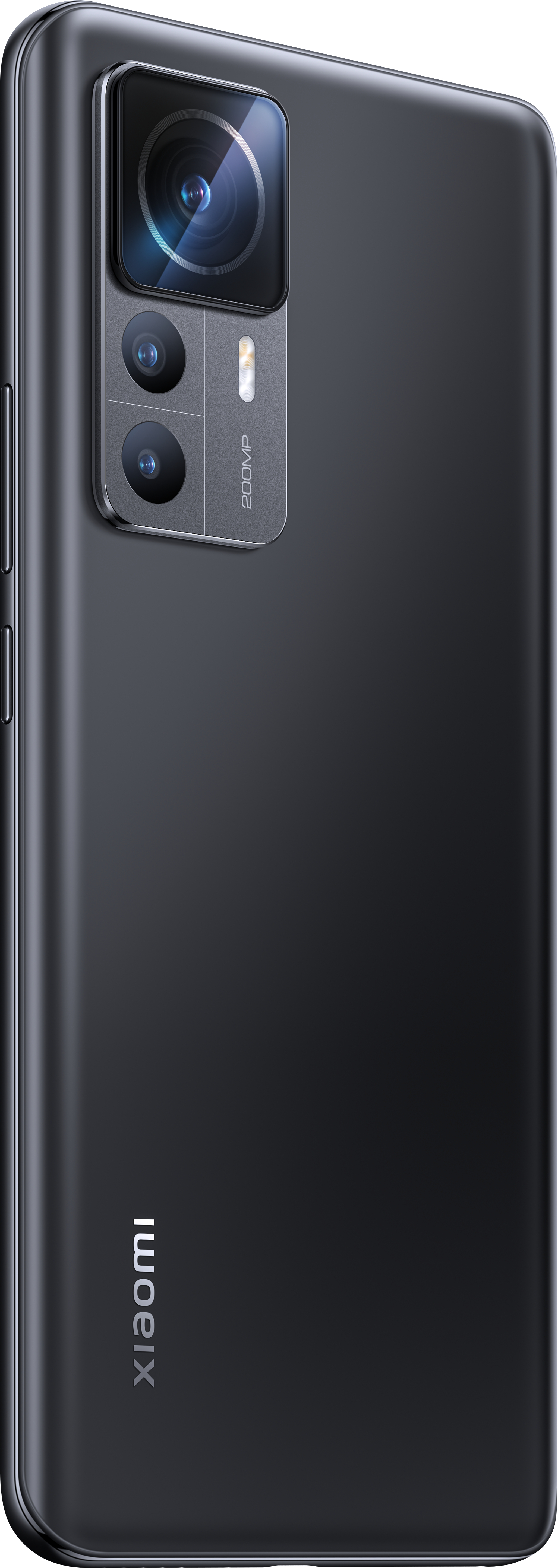 Schwarzes Smartphone mit Dreifach-Kamera und Xiaomi-Logo. Dunkelgrauer Hintergrund.