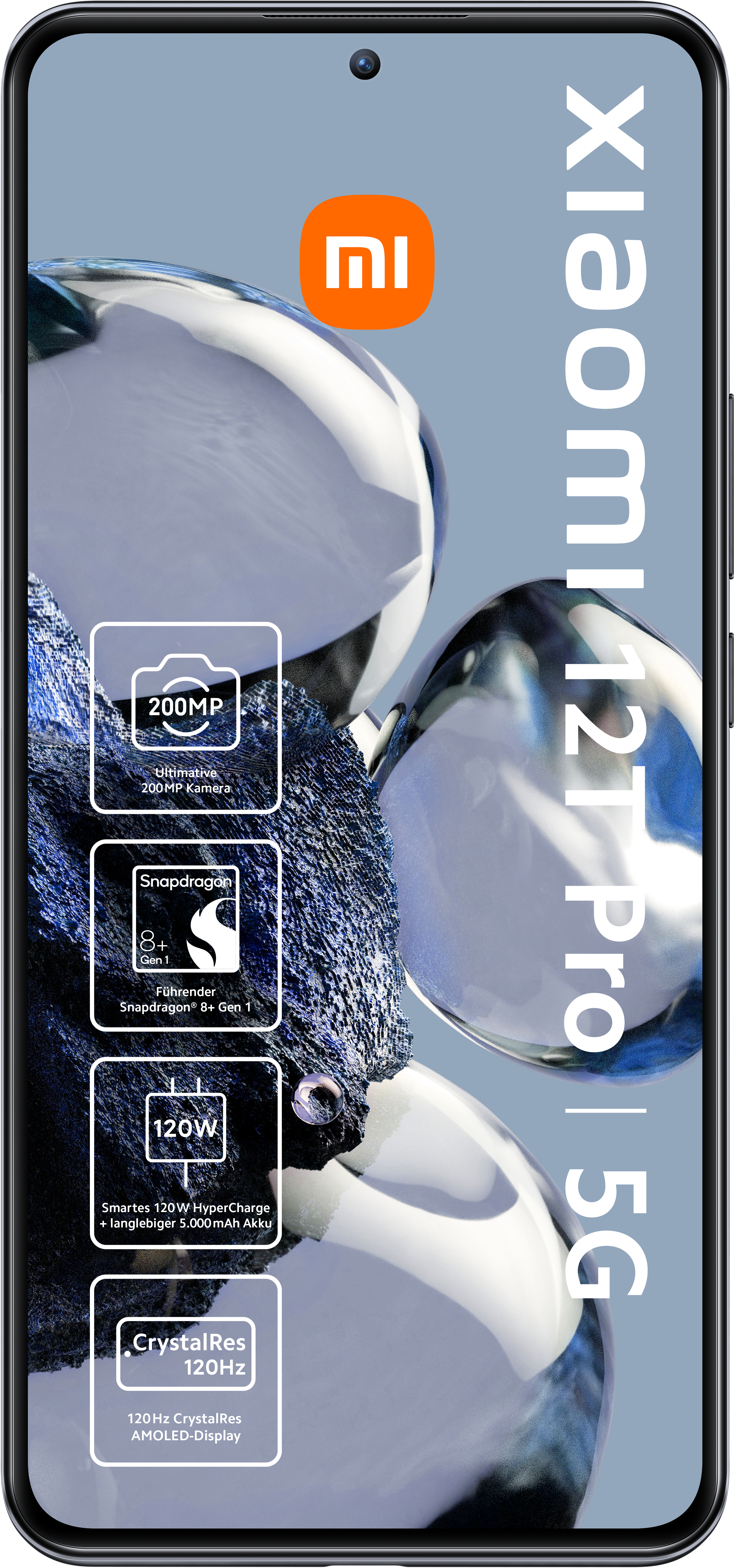 Ein Smartphone mit Text: Xiaomi 12T Pro 5G und Informationen zum Gerät.