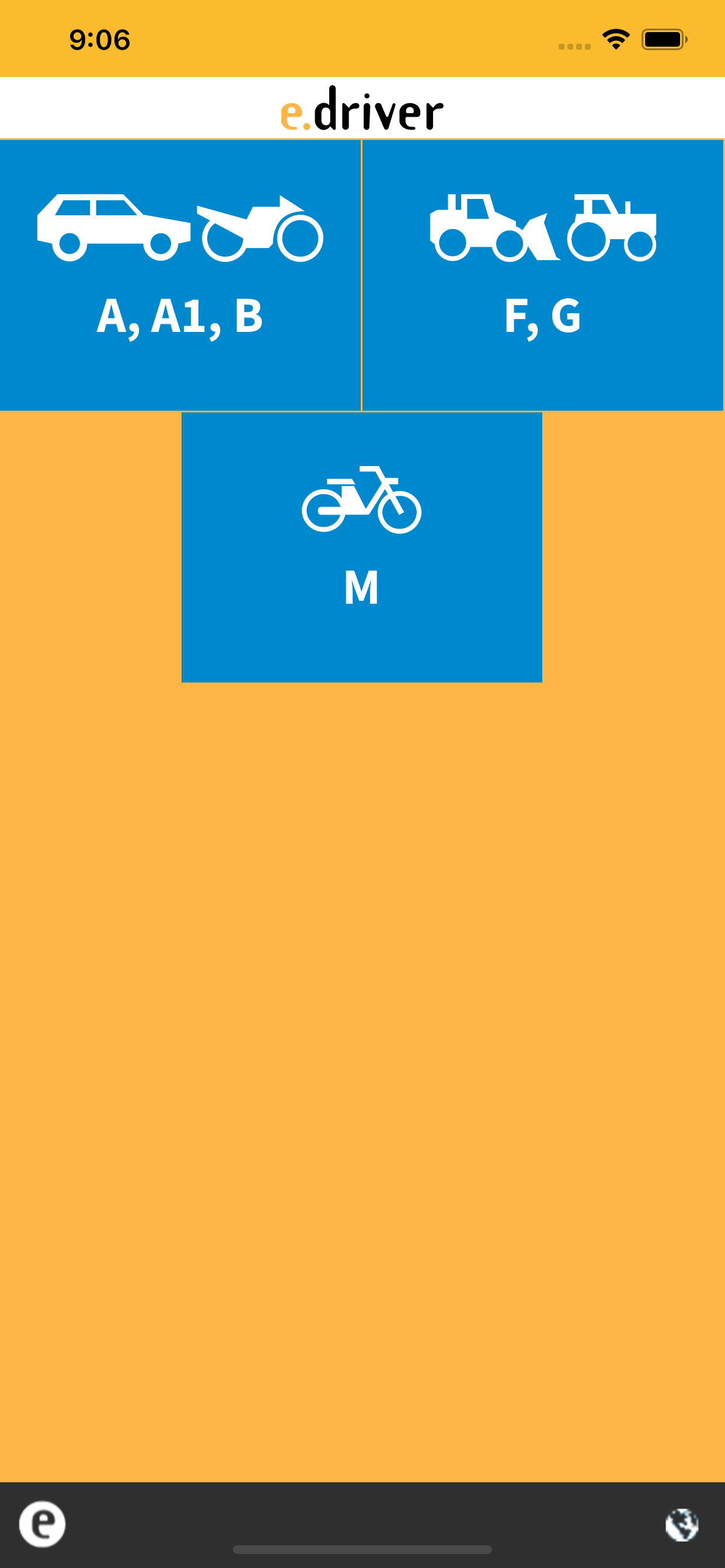 Un écran de smartphone affiche des icônes pour les catégories de permis de conduire. Le fond est orange et bleu.