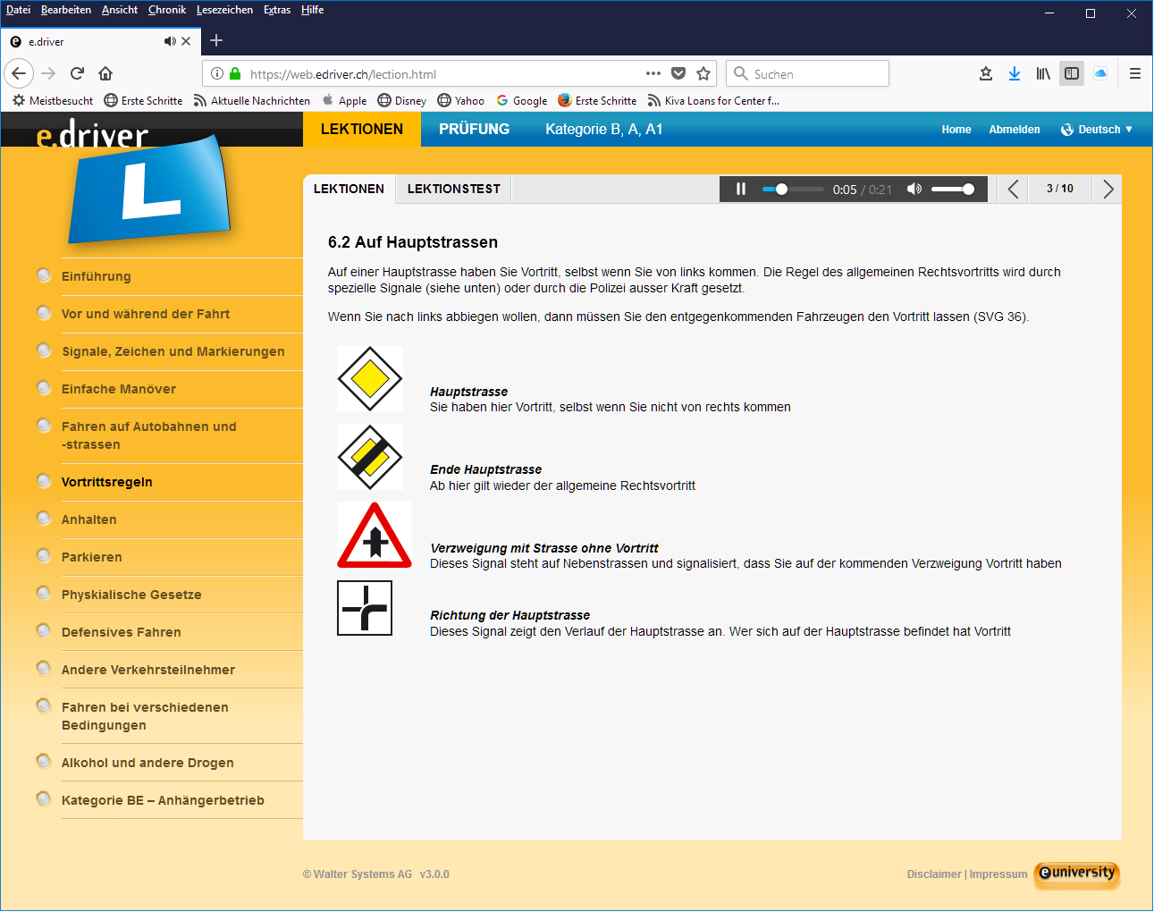 Page web avec contenu de cours de conduite et panneaux de signalisation.