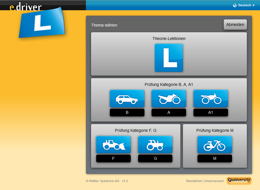 Capture d'écran d'un logiciel d'auto-école avec des icônes pour différents tests et catégories de conduite.