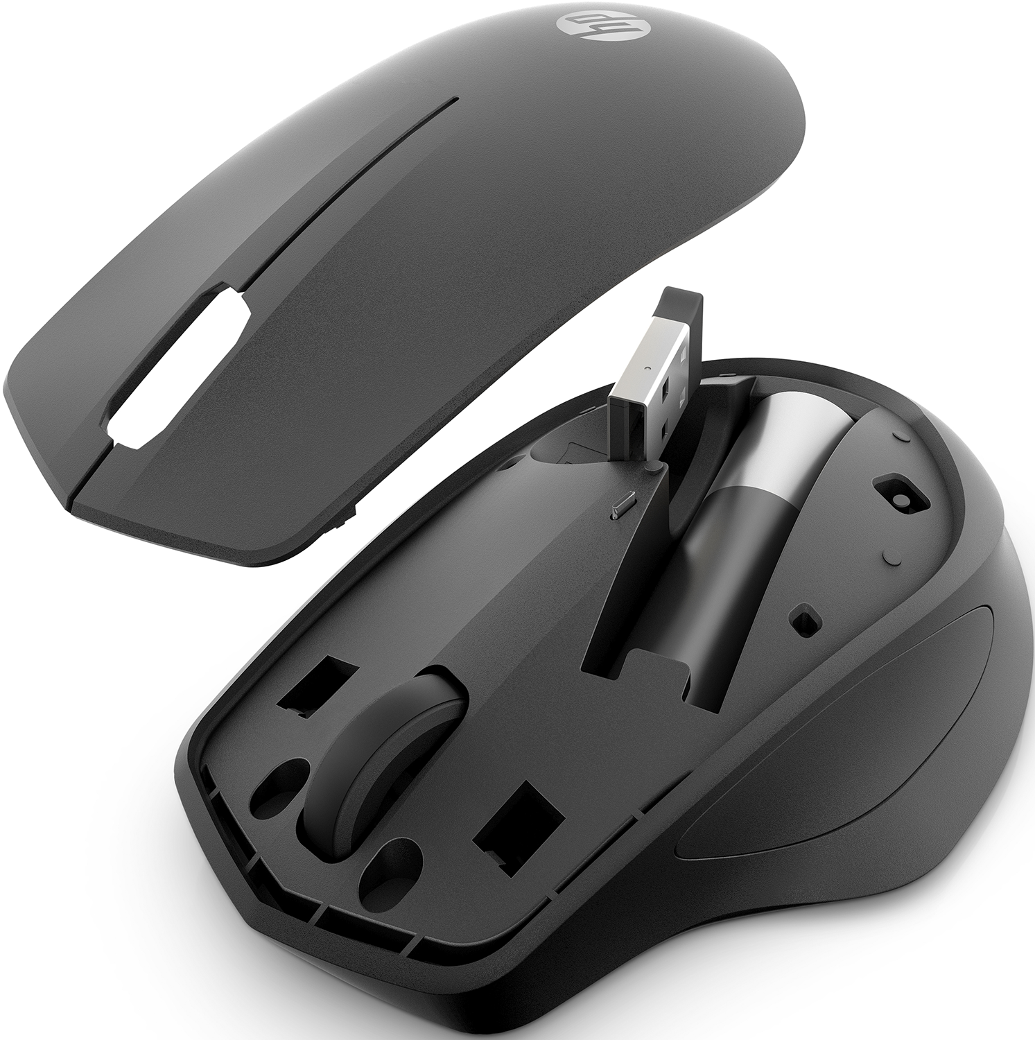 Zwarte HP-muis met de bovenklep verwijderd, onthult de batterij en USB.