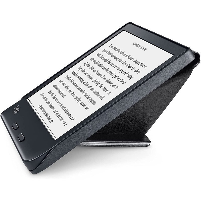Un lector de libros electrónicos con una pantalla que muestra texto, apoyado en un soporte.