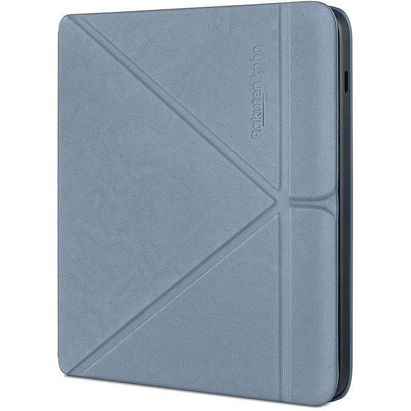 Lector electrónico Kobo azul con una cubierta gris.